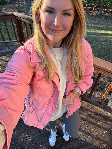 Weekend ootd - Pink utility jacket, sweatshirt, leggings and adidas sneakers 

Jacket is on super sale for $24

Wearing my normal size in everything 

Early spring or valentines outfit idea


#LTKfindsunder50 #LTKSeasonal #LTKstyletip