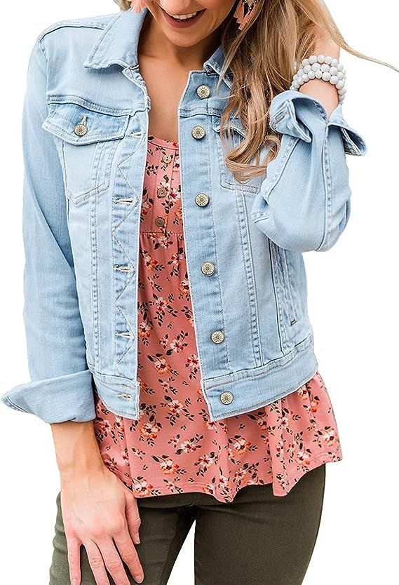 Vetinee Womens Stretch Button Down Long Sleeve Pockets Denim Jean Trucker Jacket | Amazon (US)