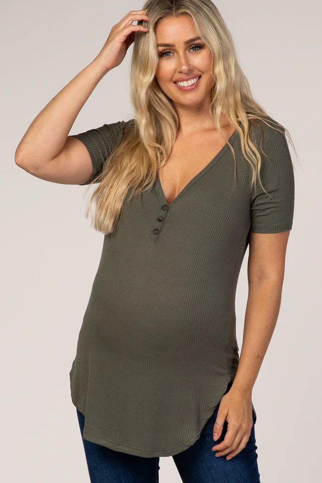 Olive Ribbed Short Sleeve Button Detail Maternity Top | PinkBlush Maternity