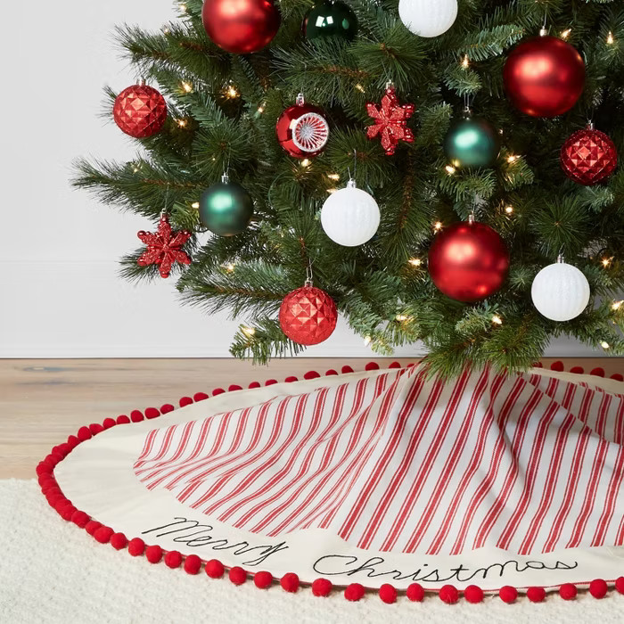 48in Striped Linen Christmas Tree Skirt with Pom Pom Trim - Wondershop™ | Target