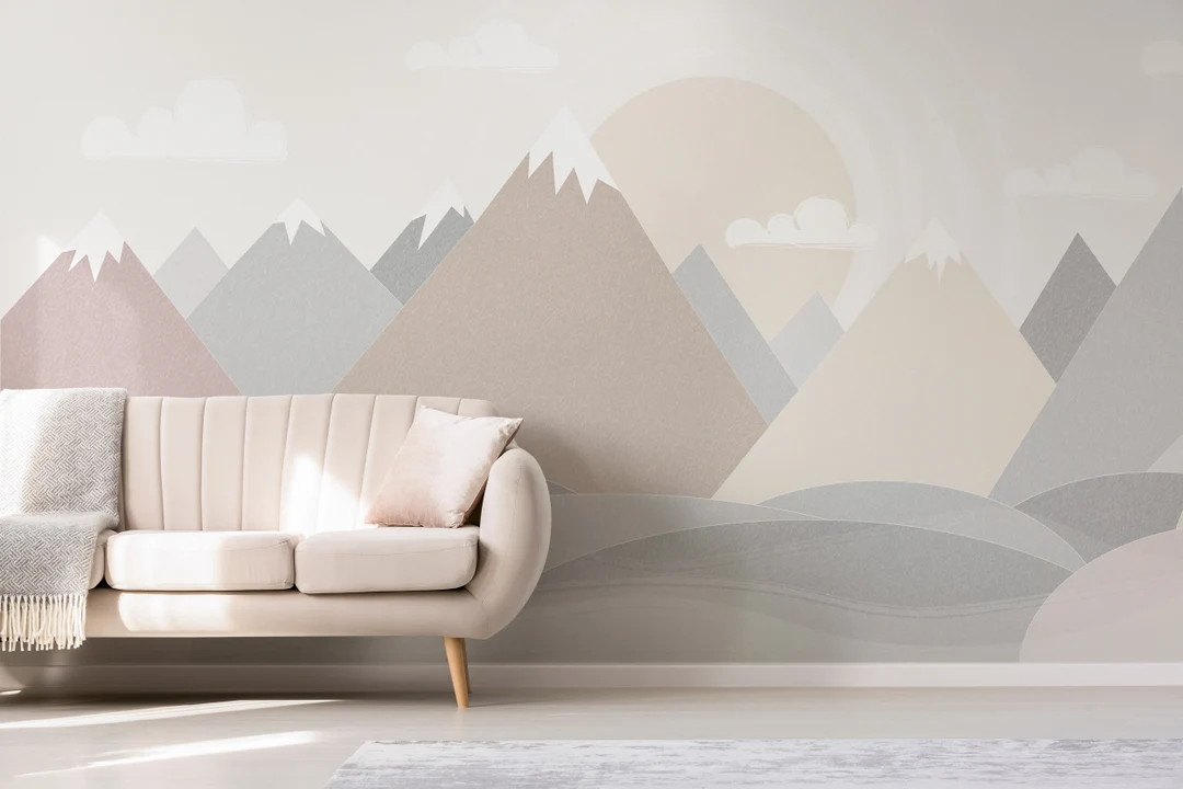 Earthy Brown Beige Boho Retro Mountains Wallpaper // Peel and Stick Wallpaper // Self Adhesive //... | Etsy (US)