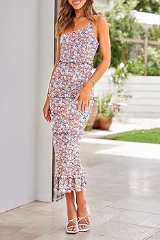 PRETTYGARDEN Women's Summer Midi Bodycon Dresses One Shoulder Strappy Tiered Ruffle Floral Boho S... | Amazon (US)