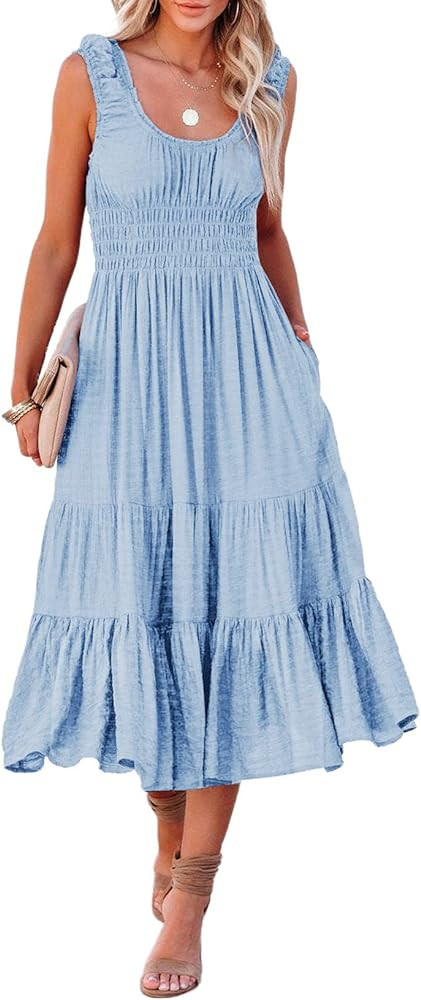 AlvaQ Women Summer Dresses Sleeveless Smocked Midi Dress High Waist Casual Tiered A Line Sundress... | Amazon (US)