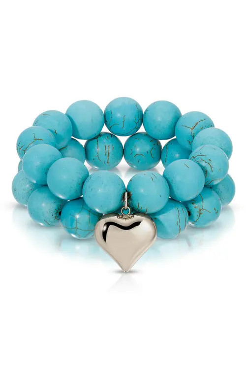 Ettika Luck & Love Stone Puffy Heart Stretch Bracelet in Turquoise And Silver at Nordstrom | Nordstrom
