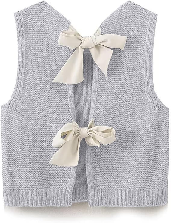 Women Cute Bow Sweater Vest Tie Back Knit Sleeveless Tank Tops Crew Neck Open Back Cardigan Fall ... | Amazon (US)