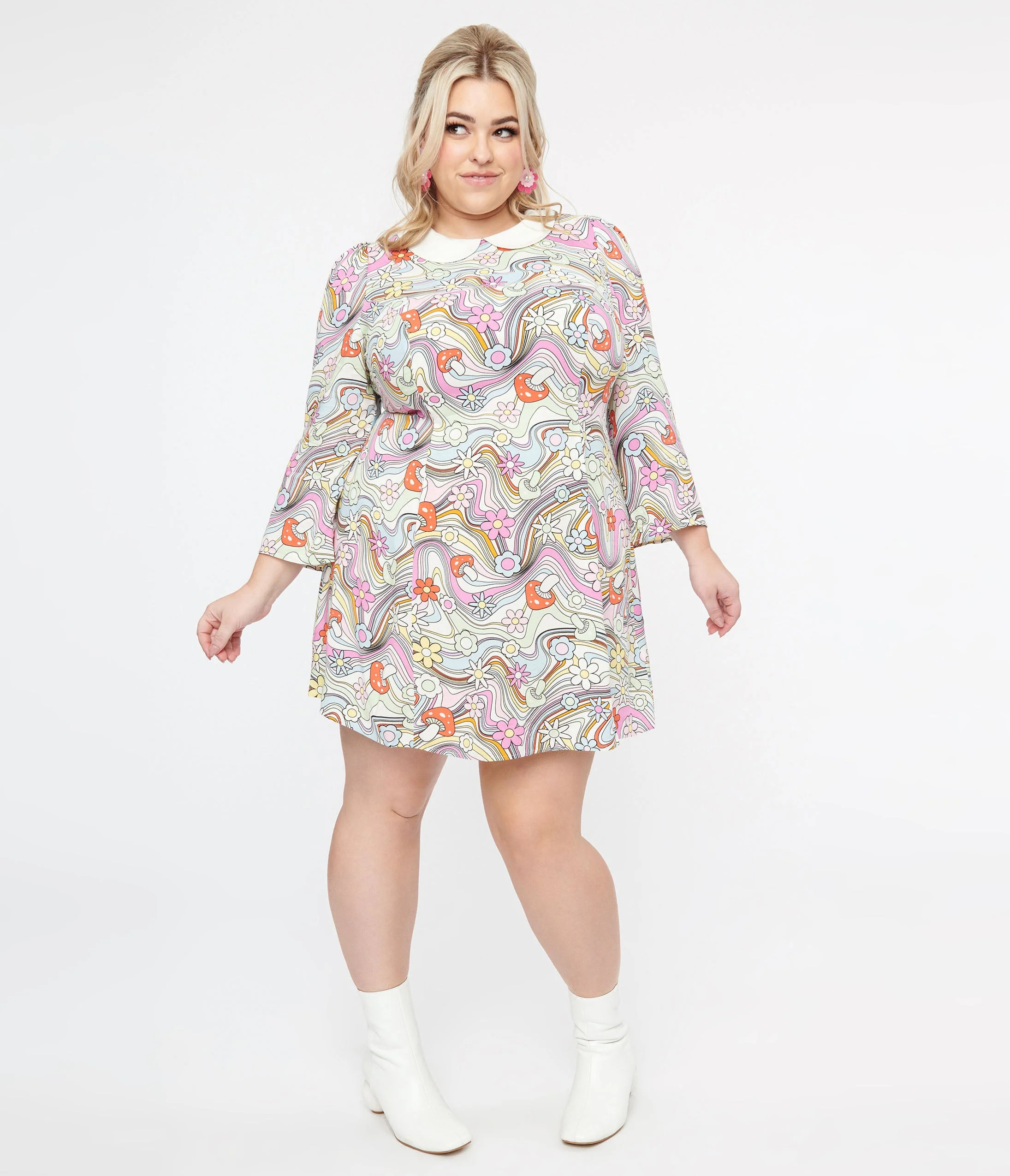 Hell Bunny Plus Size 1960s Pastel Rainbow Hazy Daze Floral Shift Dress | UniqueVintage