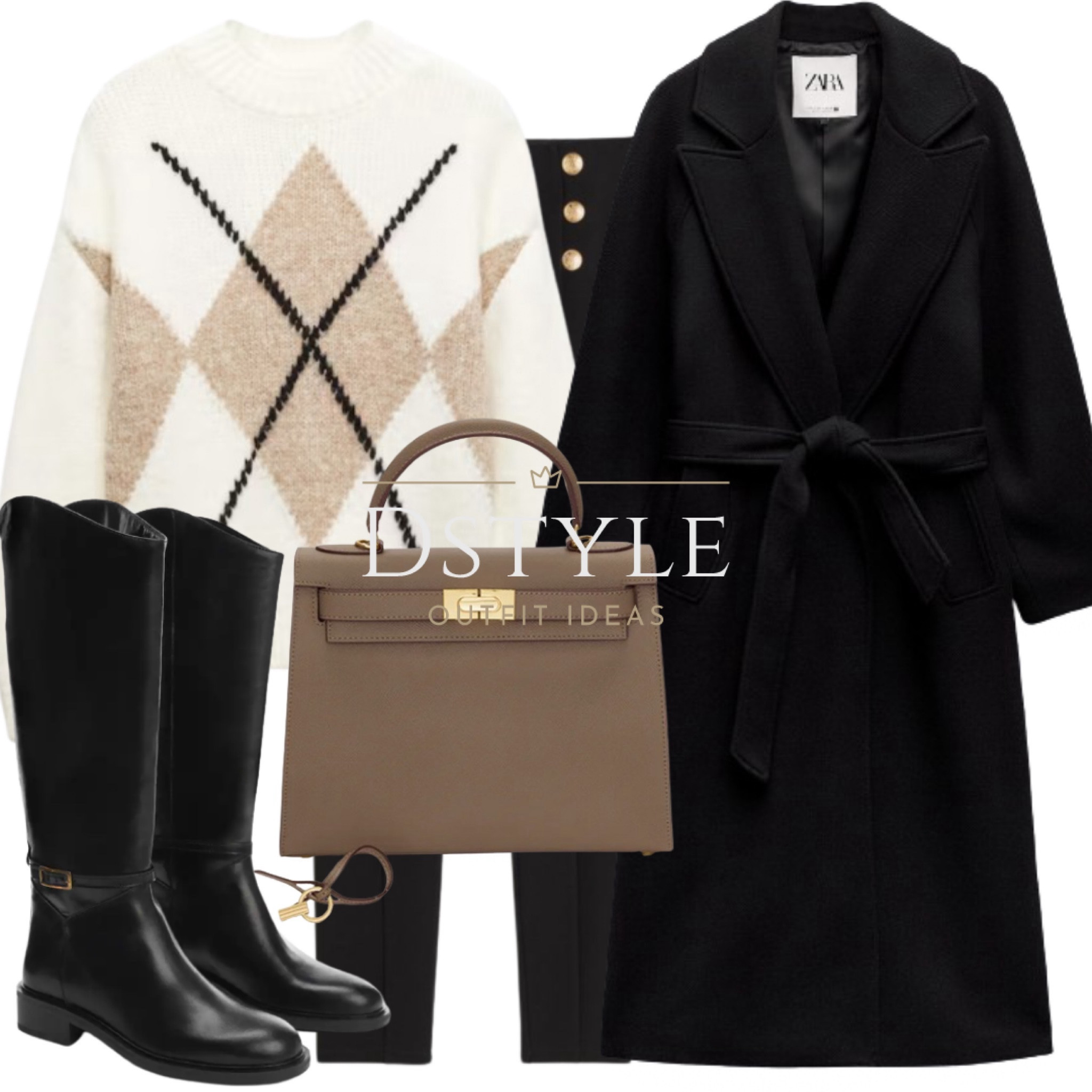 Embrace the season in a rhombus design beige sweater paired with sleek black heavy jersey leggings, topped with a timeless black woolen belted coat. Complete the look with classic black leather riding boots and a chic mocha bag. #OOTD #FallFashion

#LTKfindsunder50 #LTKsalealert #LTKstyletip