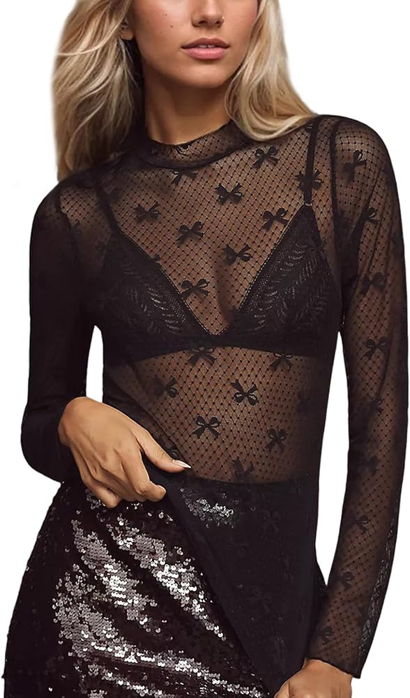 Sexy Bow Mesh Sheer Long Sleeve Top for Women Lace See Though Turtleneck Tee Shirts Blouse | Amazon (US)