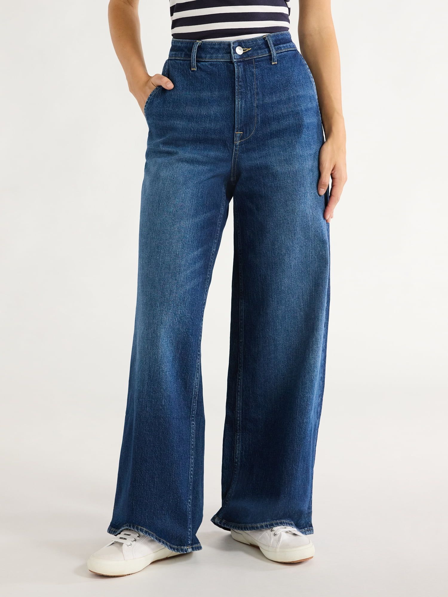 Free Assembly Women Mid Rise Belted Wide Leg Trouser Jean | Walmart (US)