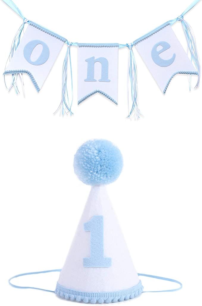 Boys 1st Birthday Hat and Highchair Banner - Blue and White Party Decoration (BAI LAN TAO CAN) | Amazon (US)