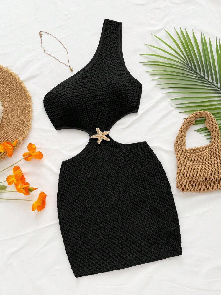 Soleia Women's Apricot Textured Material One Shoulder Cutout Waist Metal Buckle Decor Casual Vacation Beach Mini Dress, For Party, Date, Beach, Summer | SHEIN