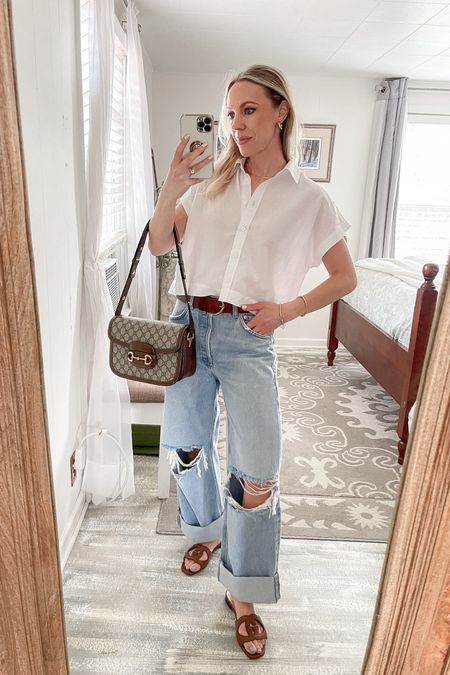 White linen shirt, Citizens of Humanity Ayla jeans, ripped jeans, cuffed jeans, Gucci sandals 

#LTKOver40 #LTKFindsUnder100 #LTKShoeCrush