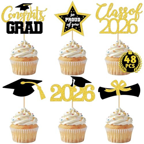 48 PCS Graduation Cupcake Toppers, 6 Styles Congrats Grad Cake Topper, Black and Gold Graduation Decorations 2026, Glittery Cap and Diploma Cake Picks for Grad Party Decor Supplies | Amazon (US)