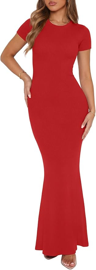 REORIA Women's Basic Summer Casual Lounge Long Dress Elegant Short Sleeve Crew Neck Bodycon Maxi ... | Amazon (US)