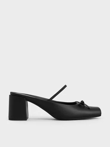 Bow Square-Toe Block-Heel Ballet Mules
 - Black | Charles & Keith UK