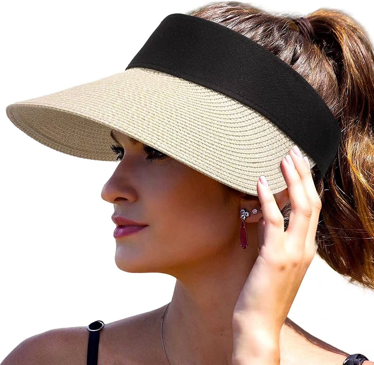 Straw Sun Visor Hats for Women Wide Brim Roll-up Foldable Beach Visors Cap Summer UV Protection | Amazon (US)
