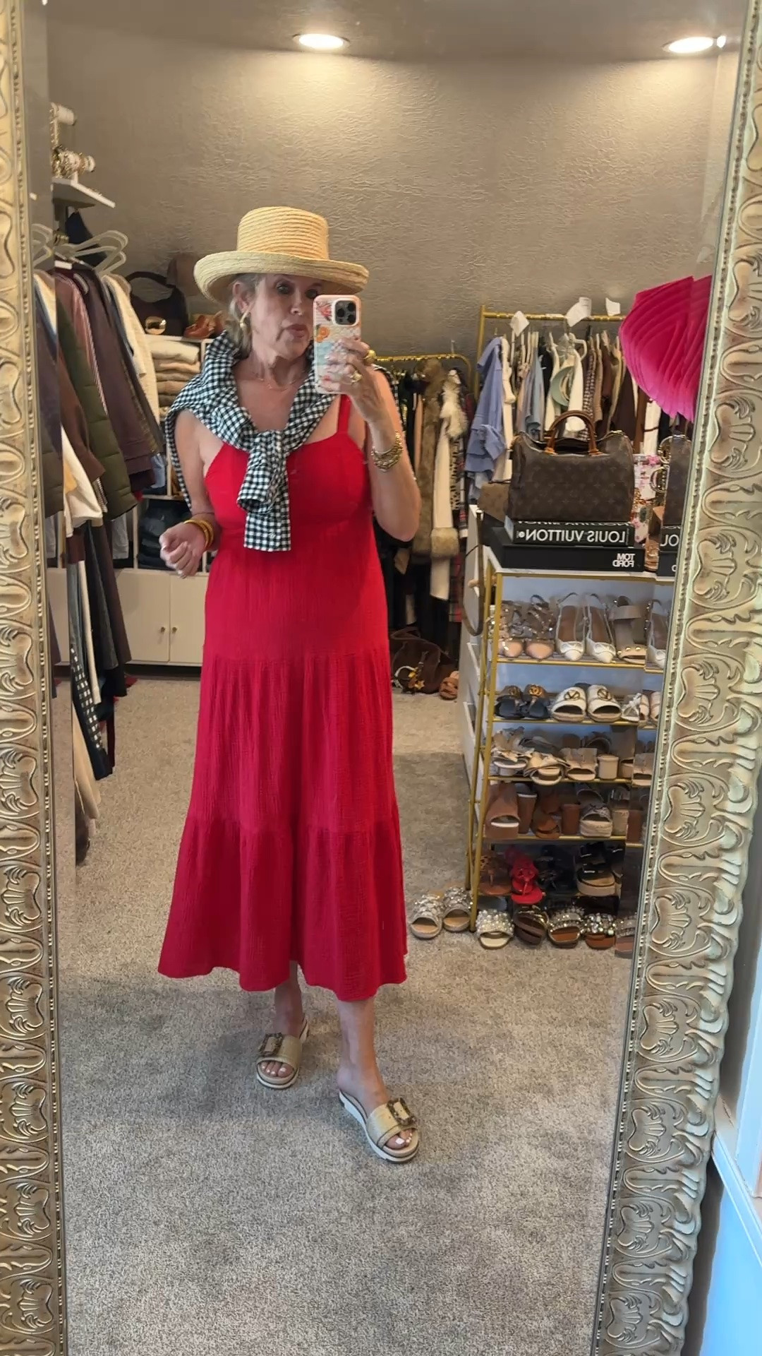 What I wore to a picnic 250 year American potluck event .

Red tired sundress (this one is older by supple) linked very similar 

Navy gingham shirt tied over shoulders 

Straw hat 

Red beaded necklace I added after this before walking out the door 

Sam Edelman rattan/straw slides 

Budha girl bangles

#LTKootd #LTKdayinmylife #LTKOver40