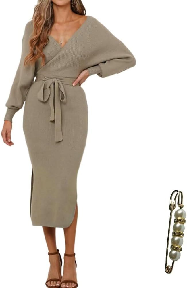 Fall Wedding Guest Dresses for Women Batwing Open Back Dress for Women Wrap Knit Sweater Maxi Dre... | Amazon (US)