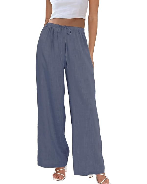 Duyang Womens Cotton Linen Palazzo Pants Drawstring Elastic Waist Casual Wide Leg Trousers with P... | Amazon (US)