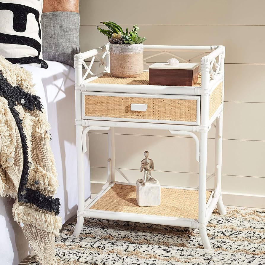 SAFAVIEH Home Collection Rumi White and Natural Rattan 1-Drawer 1-Shelf Nightstand | Amazon (US)