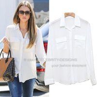 ts2N6V2 Celebrity Style Chiffon Boyfriend Button Down White Shirt w Pockets | Bonanza (Global)