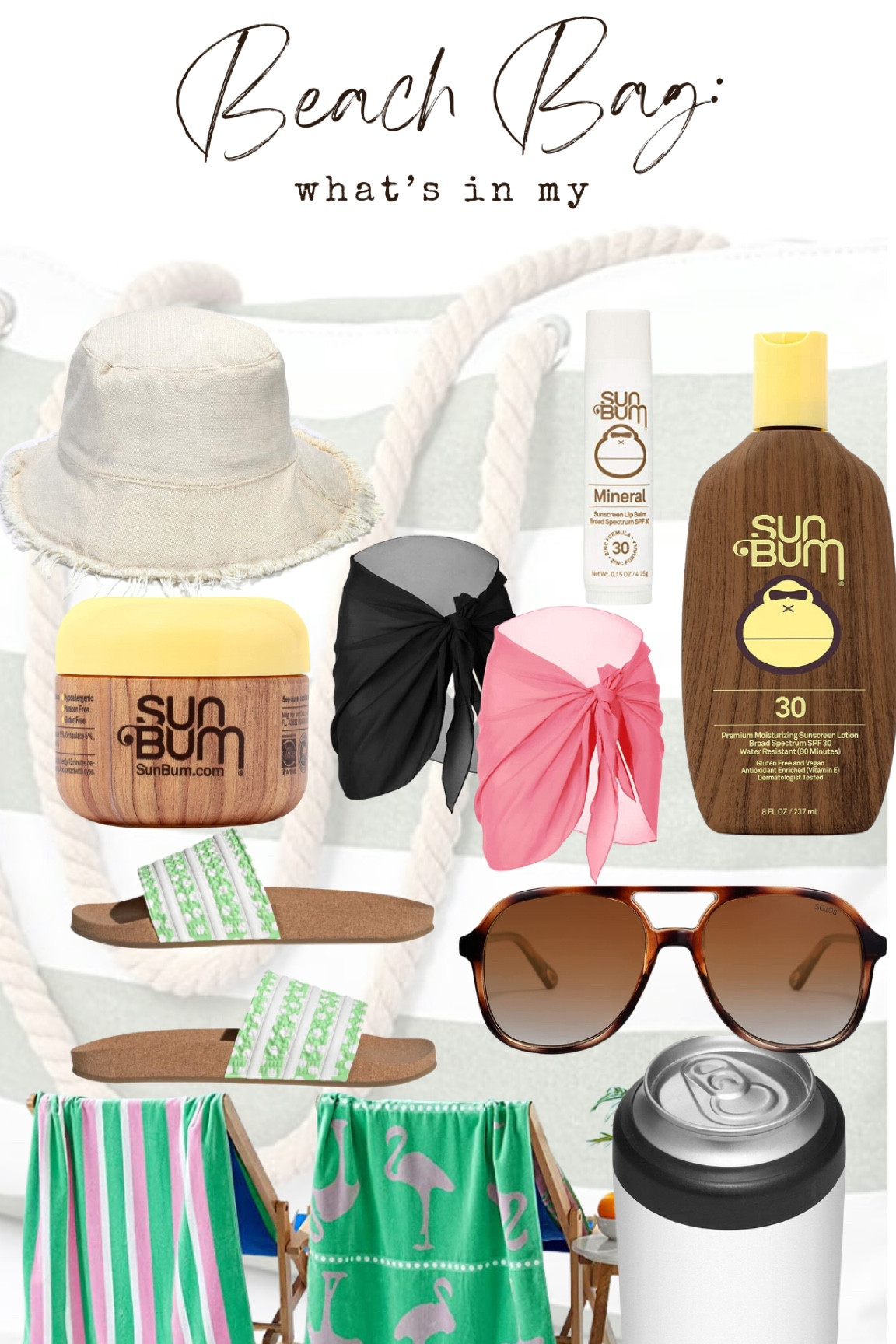 Beach Bag Essentials: Sunbum Sunscreen, Bucket Hat, Slides, Amazon Beach Towels, Shades, Yeti Colster Can Cooler, 