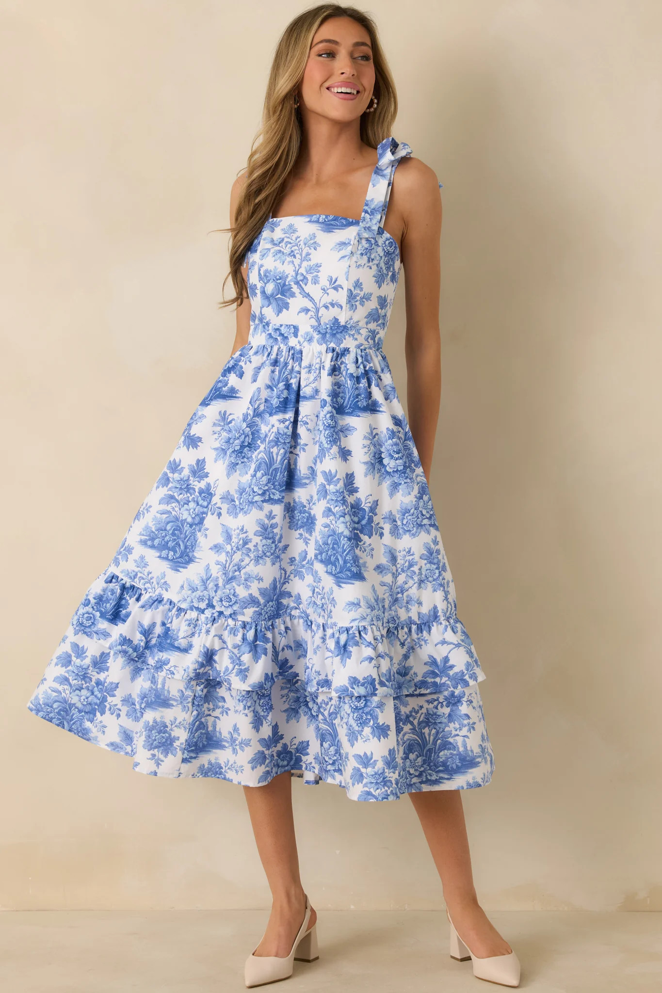 Prosperina Pemberly Blue & White Cotton Floral Tiered Midi Dress | Red Dress