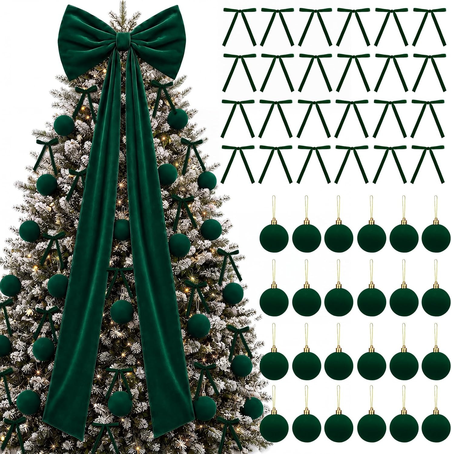 49 Pcs Dark Green Brown Christmas Tree Decoration Set with Velvet Bow Ball | Amazon (US)