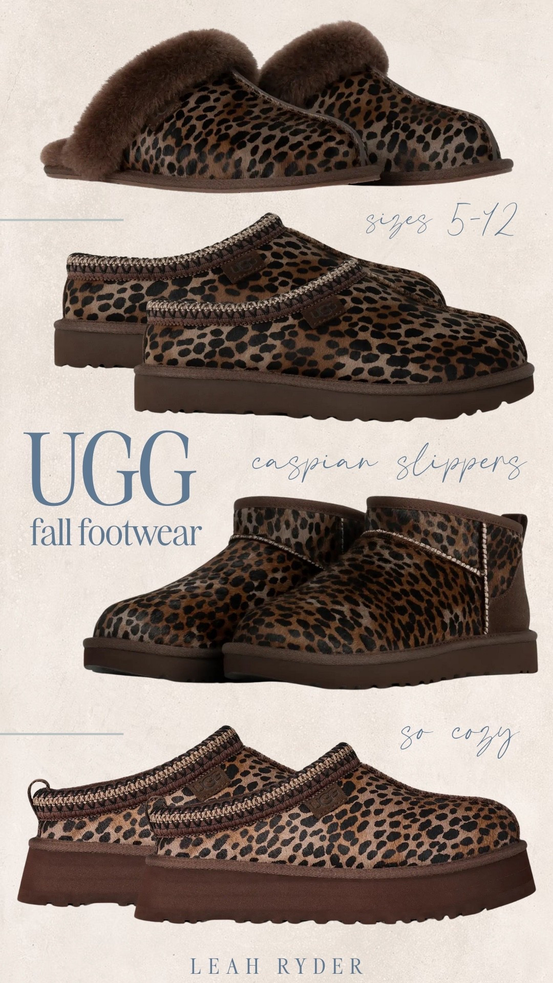 UGG leopard print slippers and Caspian styles are cozy fall footwear you’ll wear on repeat. Available in sizes 5–12, these slip-ons and short boots pair perfectly with leggings, jeans, or loungewear for casual days at home or quick errands. The warm lining and bold animal print make them both practical and stylish for fall and winter.

#LTKPlusSize #LTKStyleTip #LTKShoeCrush