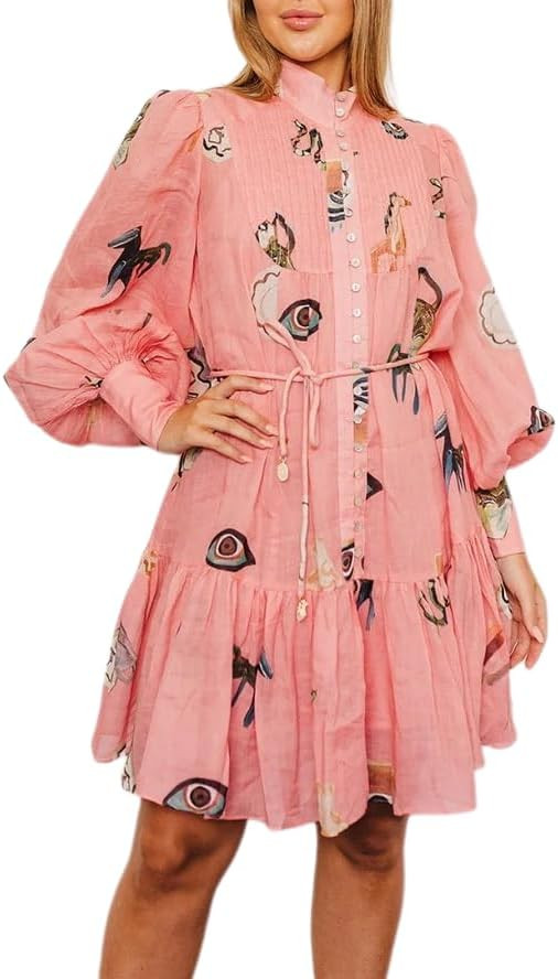 Melliflo Women's Polo Neck Retro French Court Style Dress Y2K Graffiti Puff Sleeve Dress Long Sle... | Amazon (US)