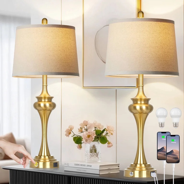 Cinkeda 30" Tall Table Lamps Set of 2, Gold Industrial Design with 3-Way Touch Dimming & USB/Type... | Walmart (US)