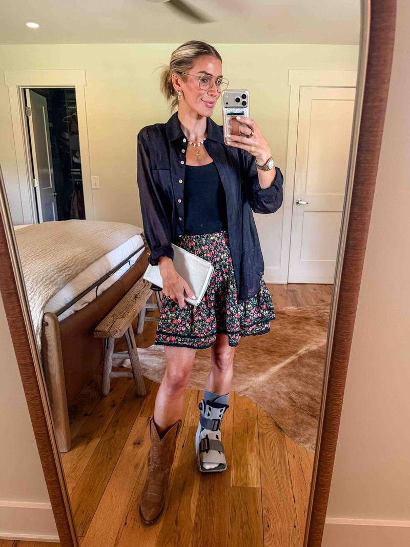 Church fit! Skirt has built-in shorts! Game changer! Wearing Small in skirt and medium in top. Air cast not linked 😅☠️ 

 #LTKmomlife