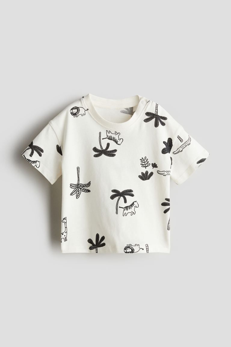 Cotton Jersey T-shirt - Round Neck - Short sleeve - White/palm trees - Kids | H&M US | H&M (US + CA)