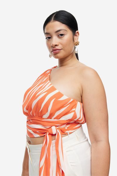 One-shoulder Crop Top - Orange/zebra print - Ladies | H&M US | H&M (US + CA)