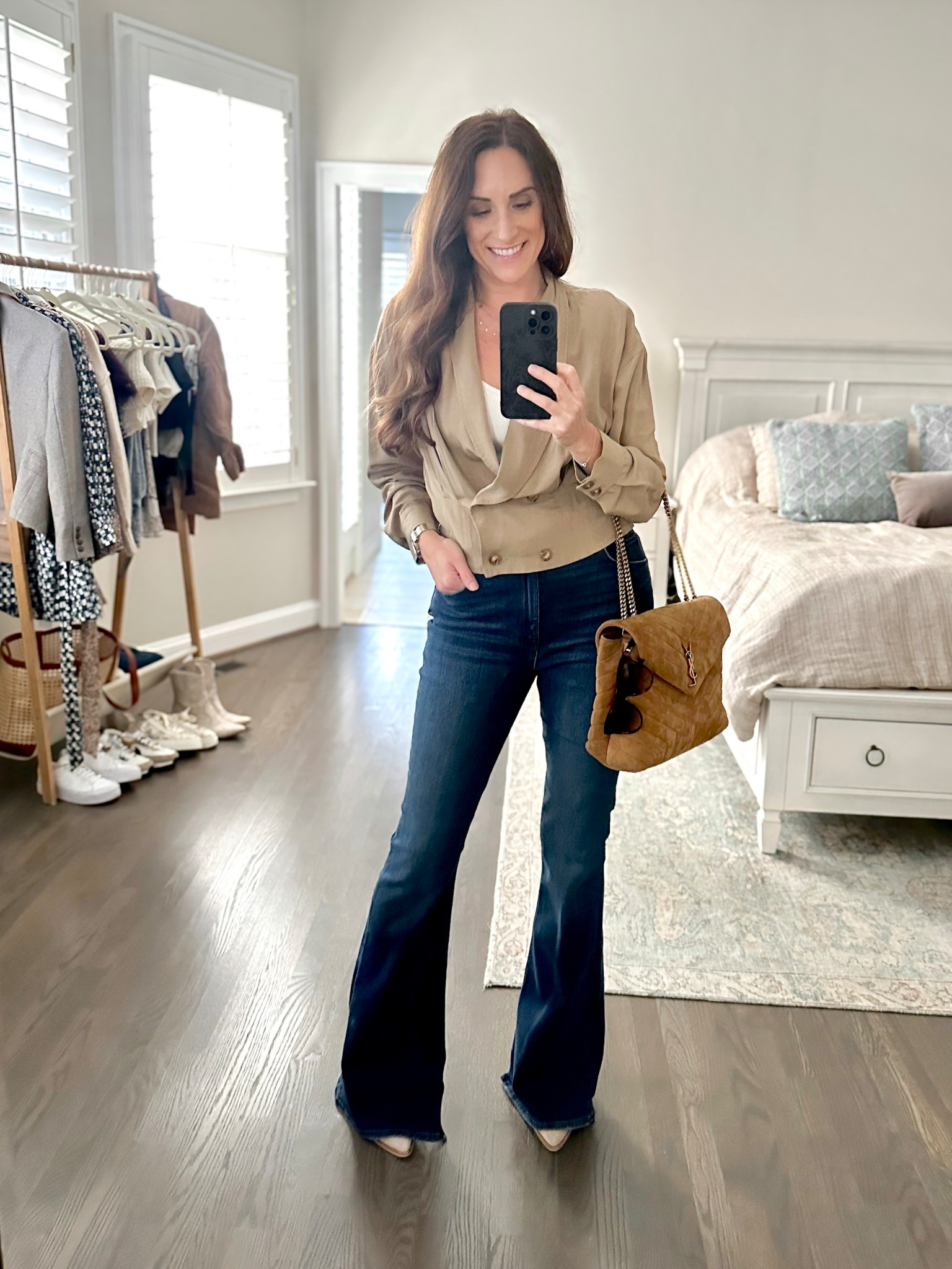 Early fall lunch outfit — extreme flare denim, cropped double-breasted jacket and a YSL bag and shades. 🤎

#LTKSeasonal #LTKWorkwear #LTKShoeCrush