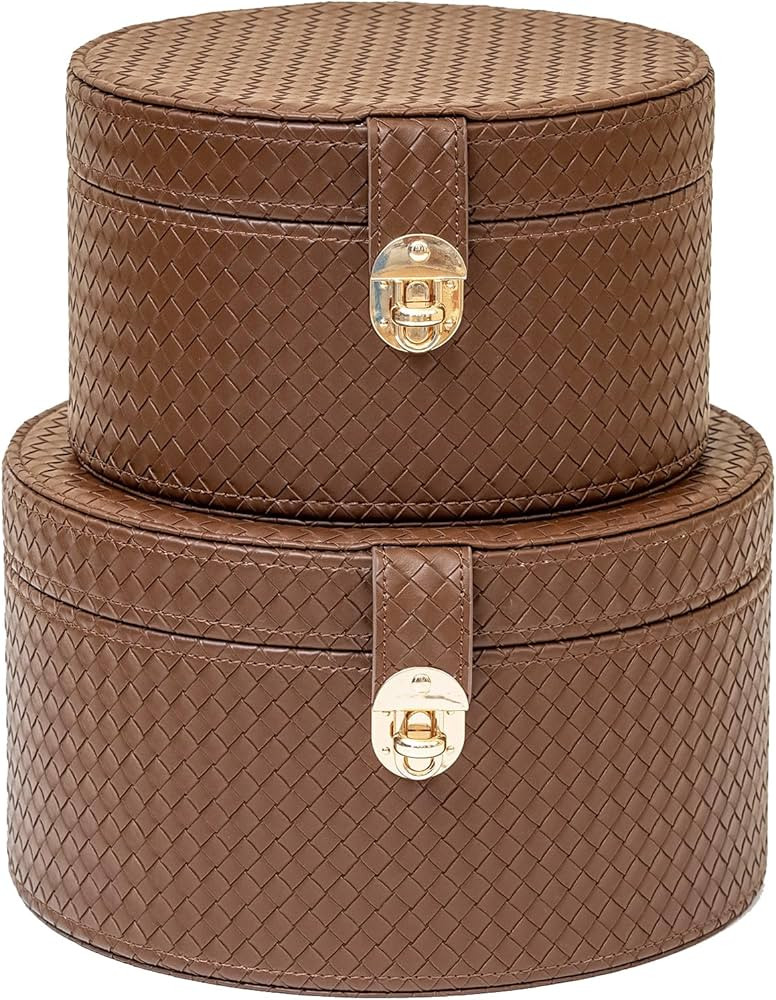 Large Leathe Decorative Boxes Set of 2 Round Hat Box Bin Basket with Lid for Shelf Coffee Table S... | Amazon (US)