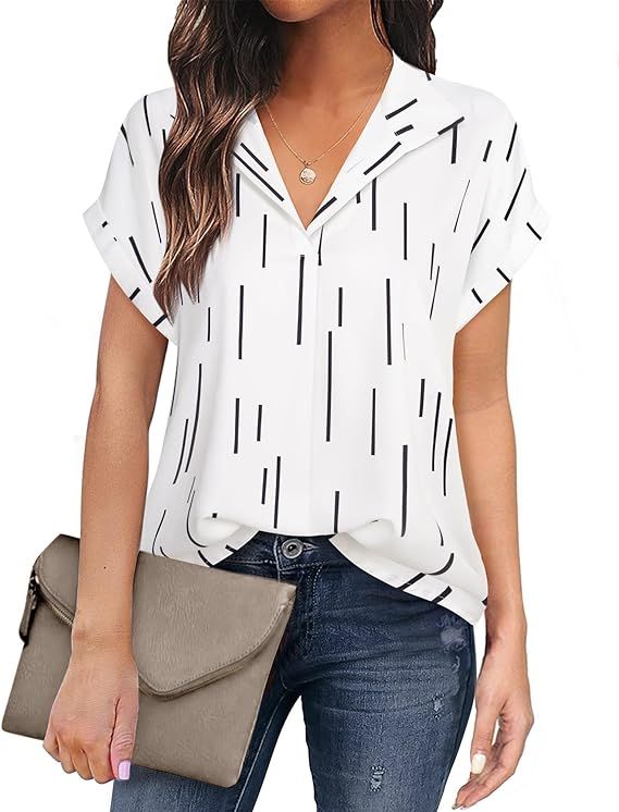 Timeson Women's Short Sleeve Chiffon Blouses for Office Work Business Attire Collared Shirts | Amazon (US)