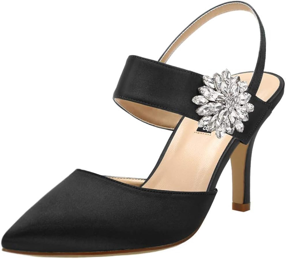 ERIJUNOR Mid Heel Shoes for Women Pointed Toe Slingback Rhinestone Brooch Satin Dress Pumps Eveni... | Amazon (US)