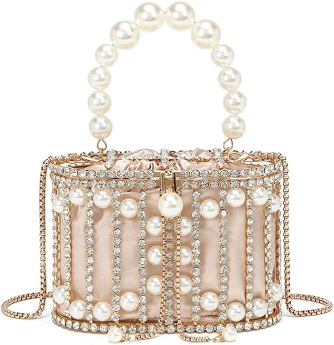 Women Rhinestone Cage Bag Sparkling Hollow Pearl Evening Clutch Glitter Double-layer Detachable B... | Amazon (US)