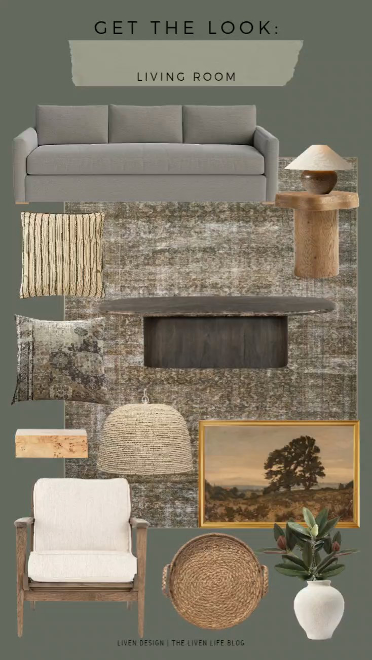 Moody natural living room. Decor. Throw pillows. Velvet pillow. Black marble coffee table. Distressed vintage rug. Side table. Landscape painting. Ceramic table lamp. 

#LTKSeasonal #LTKHome #LTKSaleAlert