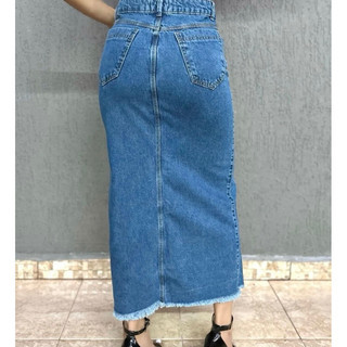 Saia Jeans Mid Longa com Abertura Na Perna Preto, Azul | Shopee (BR)