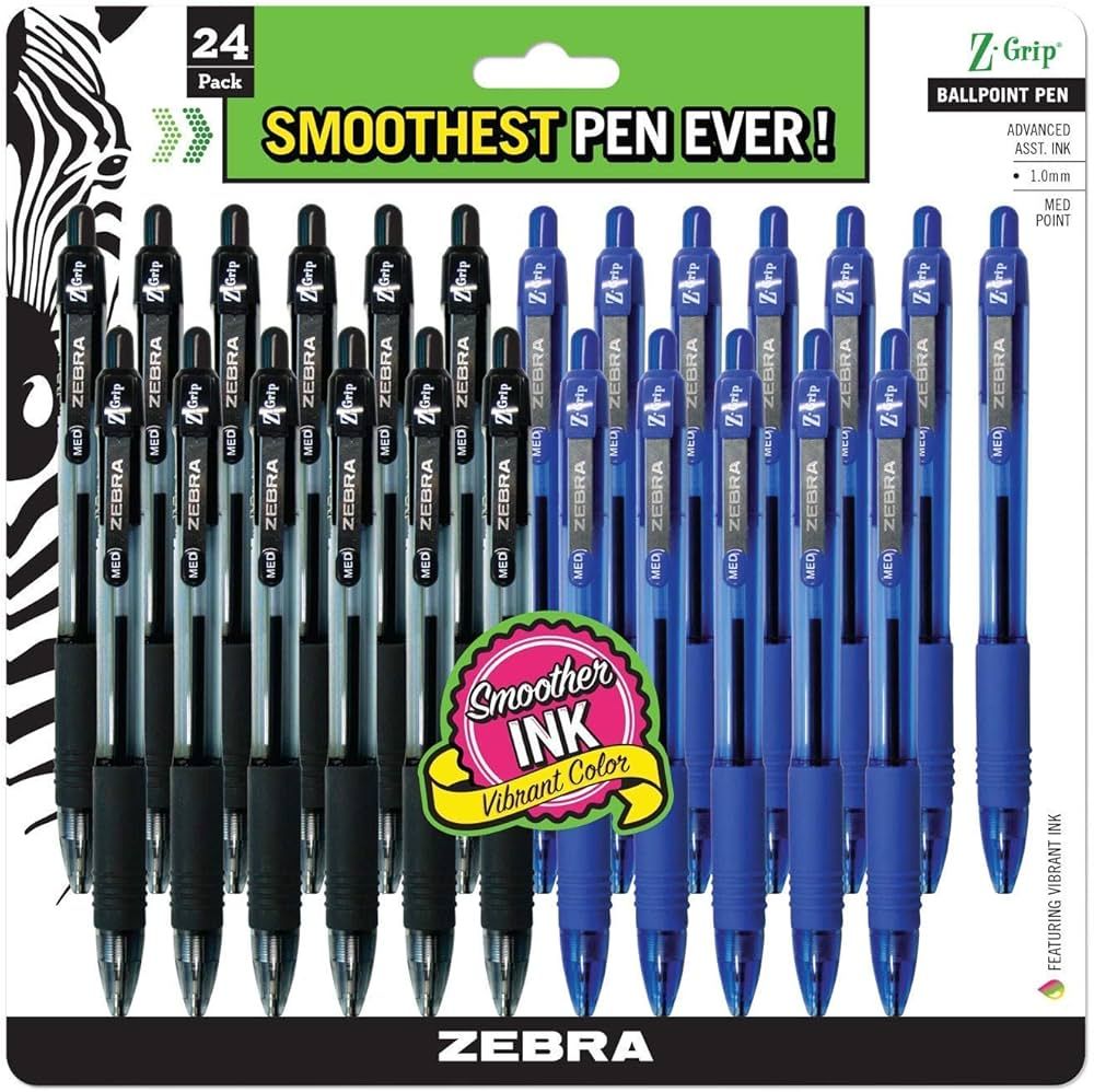 ZEBRA , bulk pack of 24 ink pens, Z-Grip Retractable ballpoint pens Medium point 1.0 mm, 12 black... | Amazon (US)