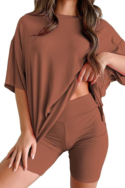Womens 2 Piece Lounge Set 2026 Summer Travel Outfit Casual Short Sleeve Oversized Tshirts & Biker... | Amazon (US)