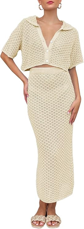 Saodimallsu Women Crochet Beach Cover Up Set Knit Crop Button Short Sleeve Collar Top Bodycon Lon... | Amazon (US)