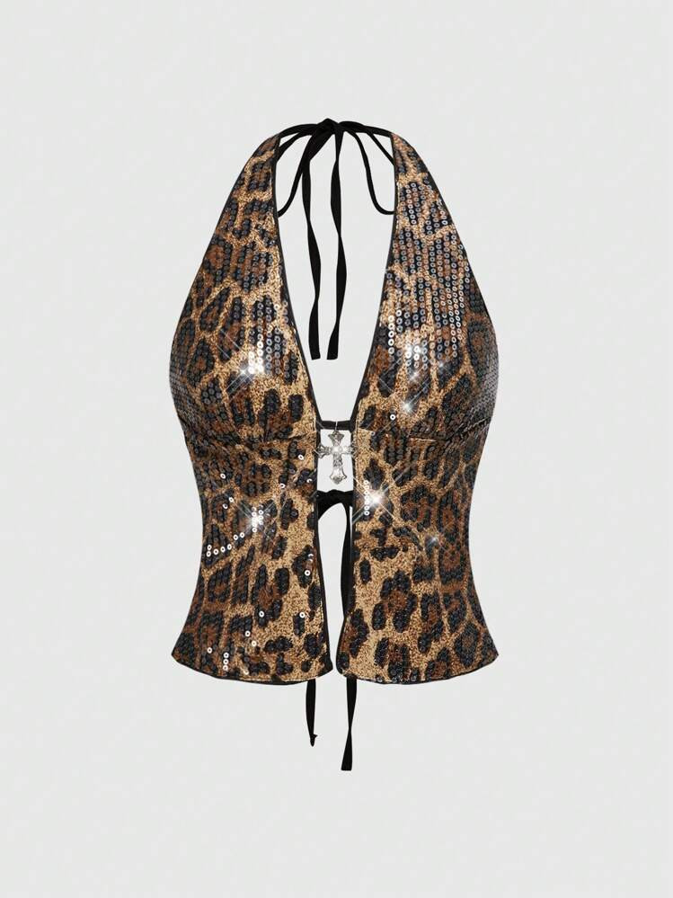ROMWE Grunge Punk Women's Punk Pop Star Summer Beach Party Festival Street Fashion Millennium Y2K Halter Sexy Leopard Sequin Cross Pendant Tank Top | SHEIN