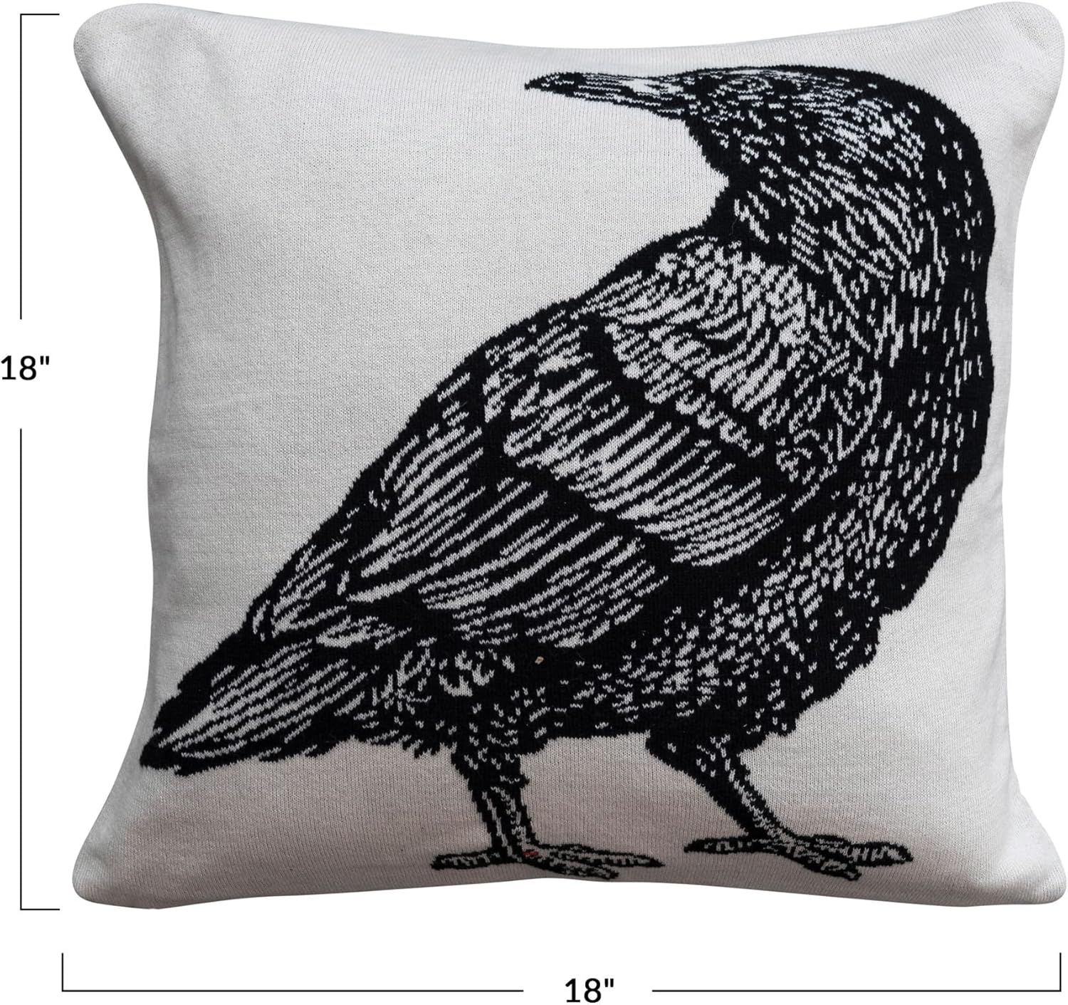 Creative Co-Op 18' Square Two-Sided Cotton Knit Pillow w/Crow, White & Black | Amazon (US)