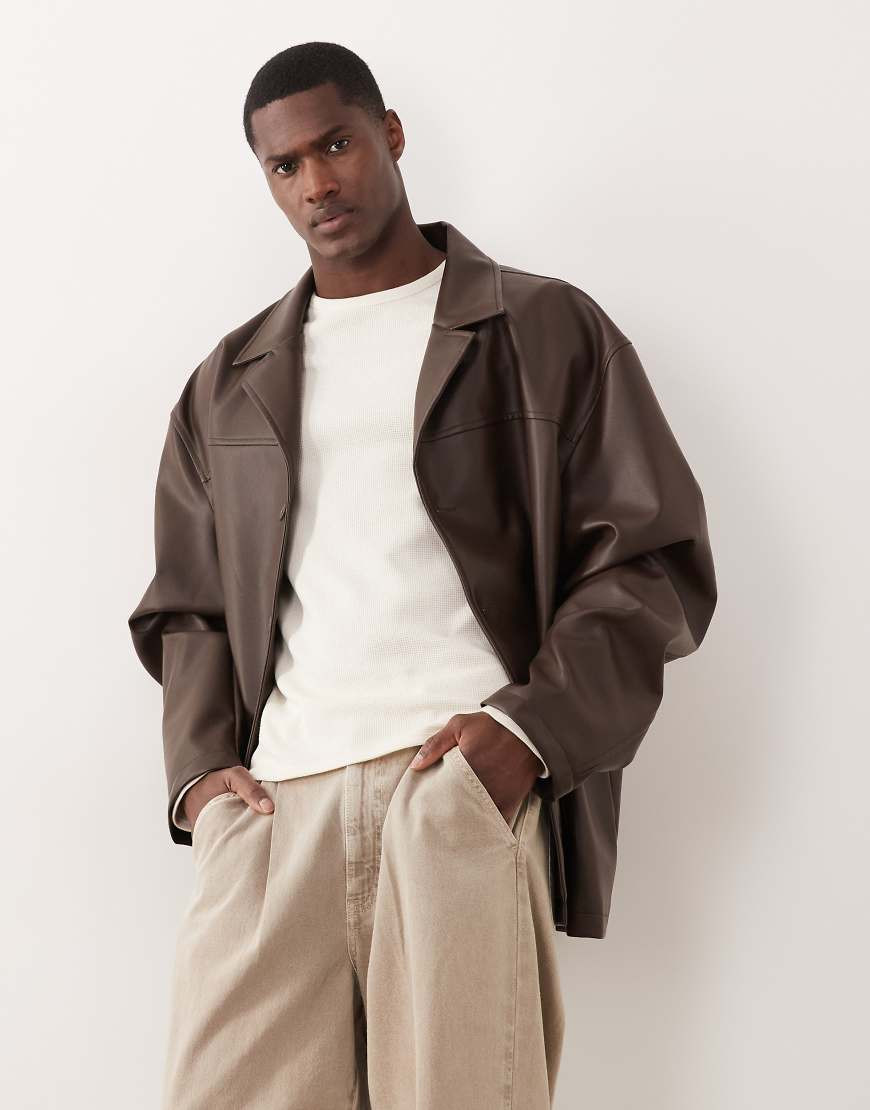 ASOS DESIGN faux leather shacket in brown | ASOS (Global)