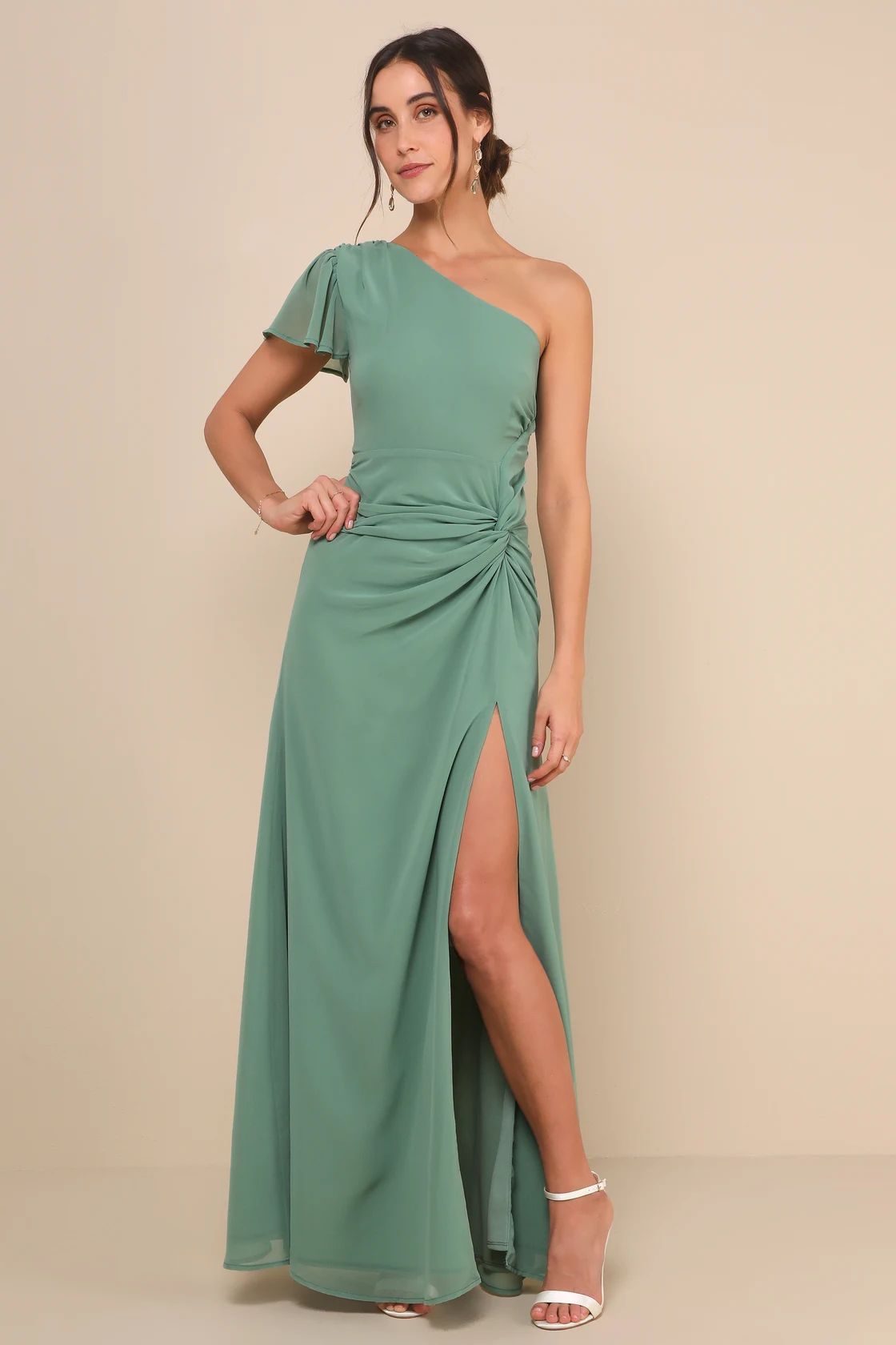 Loving Twist Sage Green One-Shoulder Twist-Front Maxi Dress | Lulus