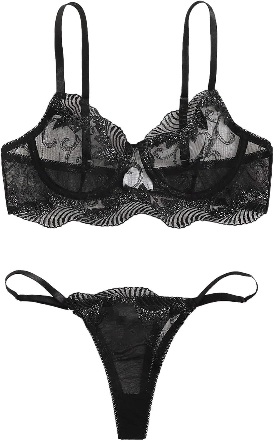 WDIRARA Women's Sexy Heart Ring Harness Solid Sheer Spaghetti Strap Lingerie Set | Amazon (US)