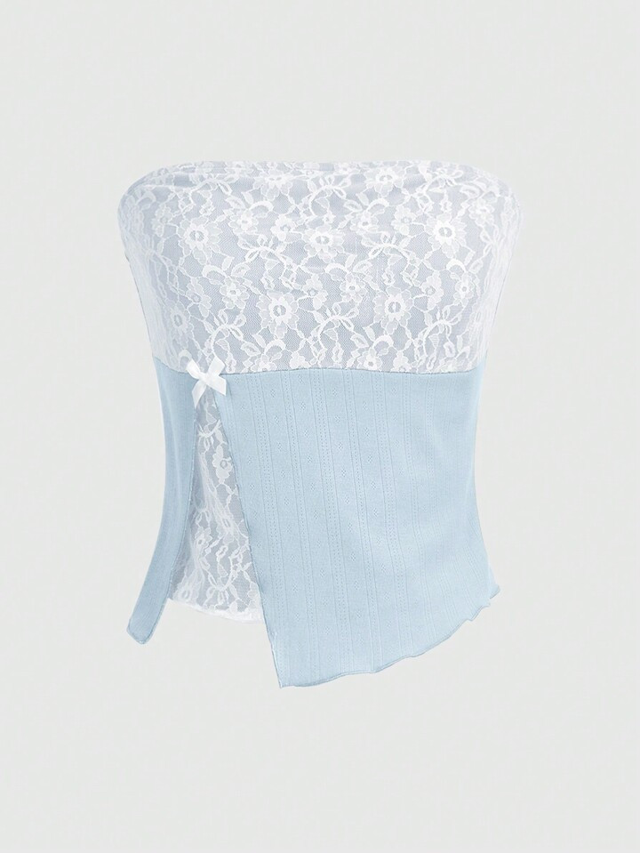ROMWE Lace Patchwork Light Blue Jacquard Tube Top | SHEIN